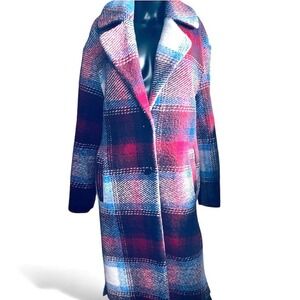Bernie Bernardo Women Coat Wool Blend Plaid Red Navy White Size S Oversized Chic